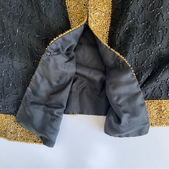 Laurence Kazar Vintage Black Gold Beaded Cocktail Silk Jacket Size Petite Small - Picture 6 of 7